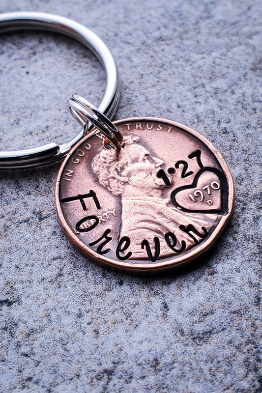 Forever Anniversary penny keychain with date above penny year