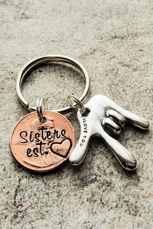 Sisters / Best friend penny keychain with ASL charm - DAYZEECREATIONZ, PERSONALIZED GIFTS-1