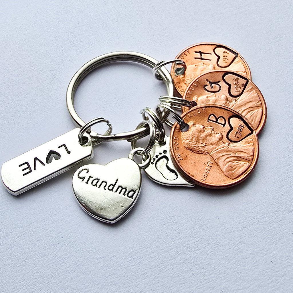 rn-imaGrandma Penny Keychain with engraved pennies-initials above year- love charm-baby footprint charm