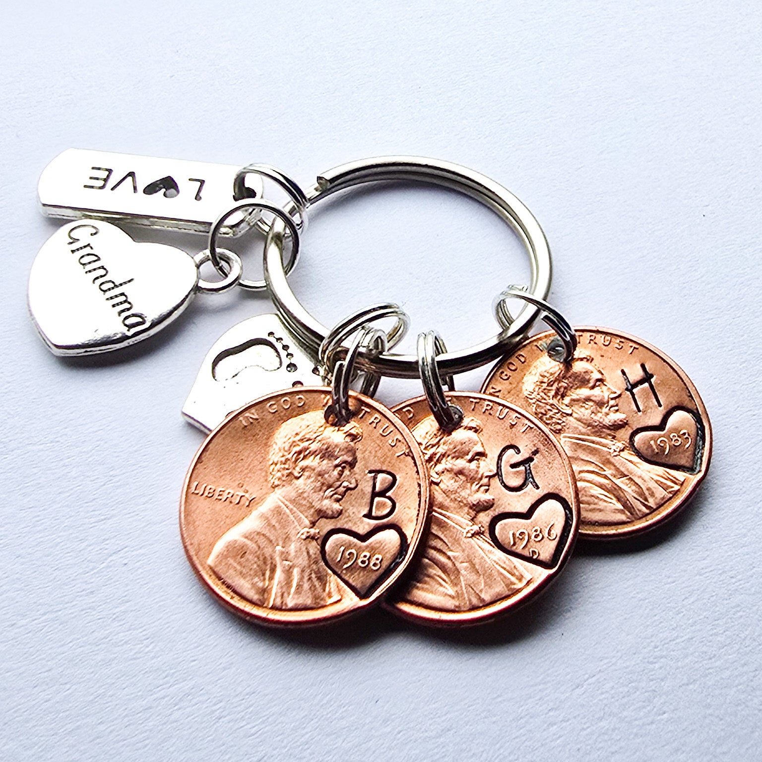 Grandma Penny Keychain with engraved pennies-initials ab year- love charm-baby footprint charm