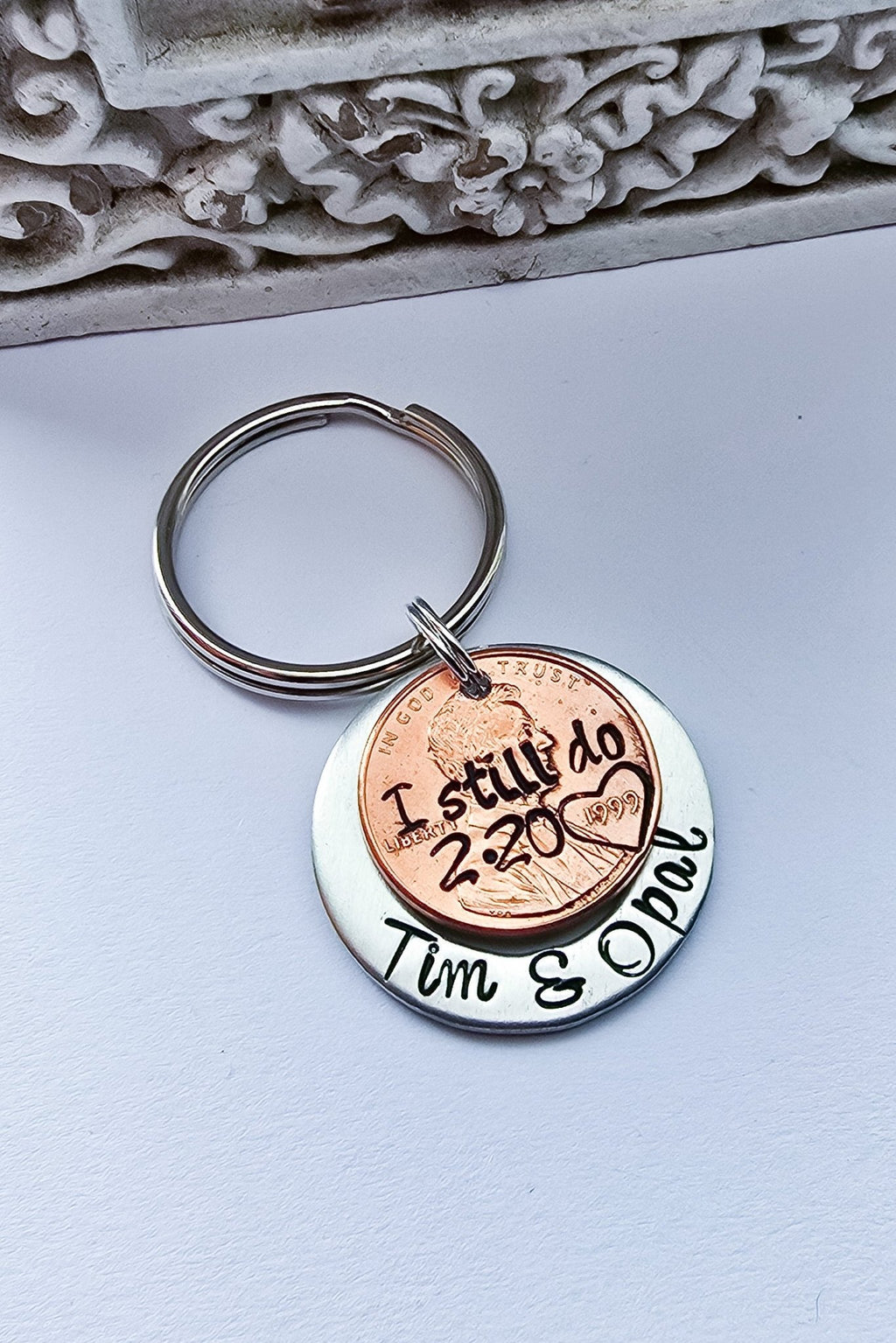 I still do penny with anniversary date stacked on silver disc with names engraved - front view-keychain