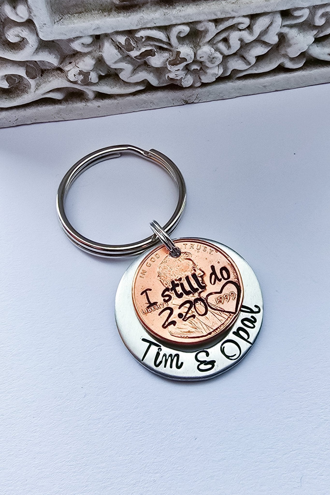 I still do penny with anniversary date stacked on silver disc with names engraved - front view-keychain