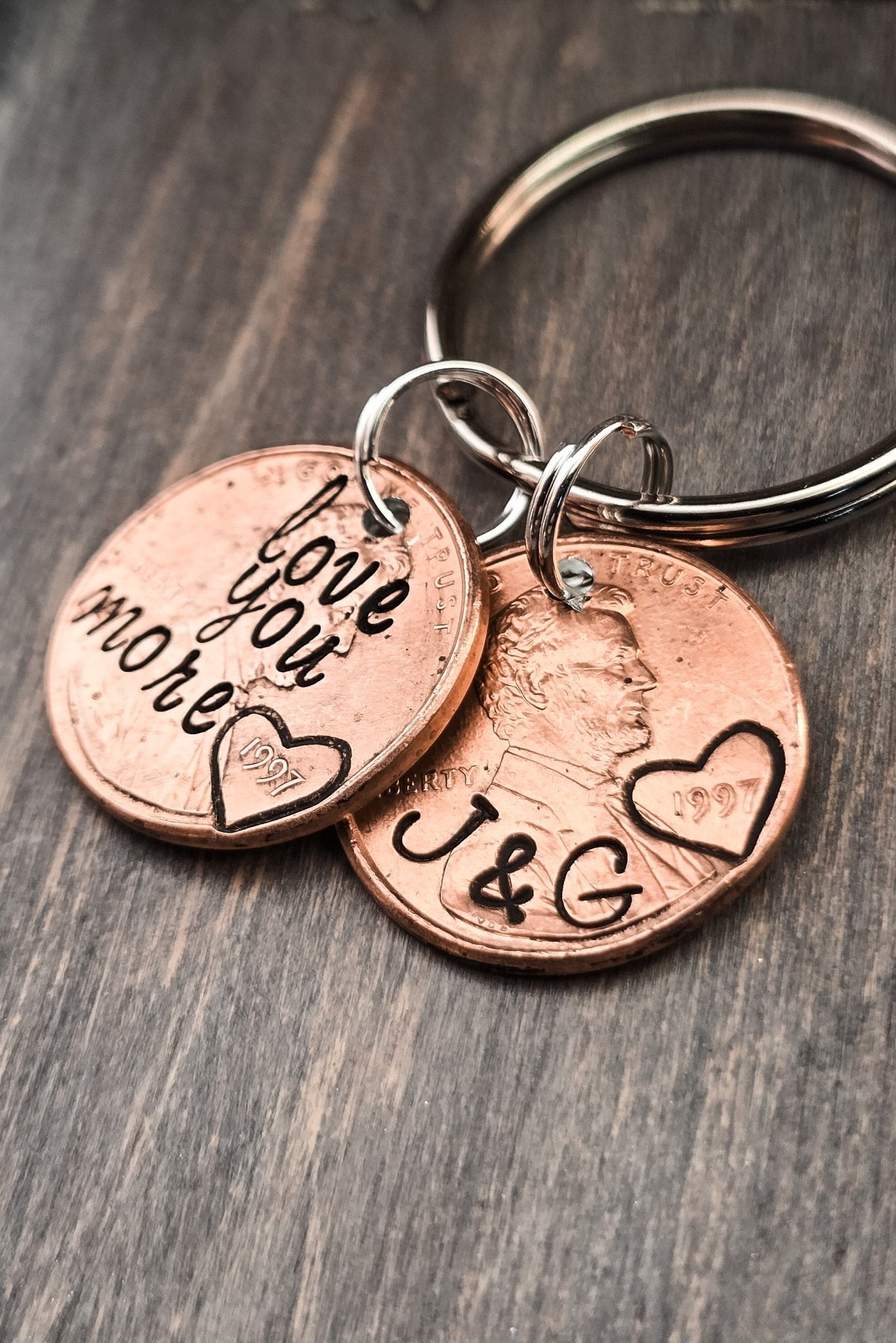 Love you more penny keychain with 2nd penny -initials