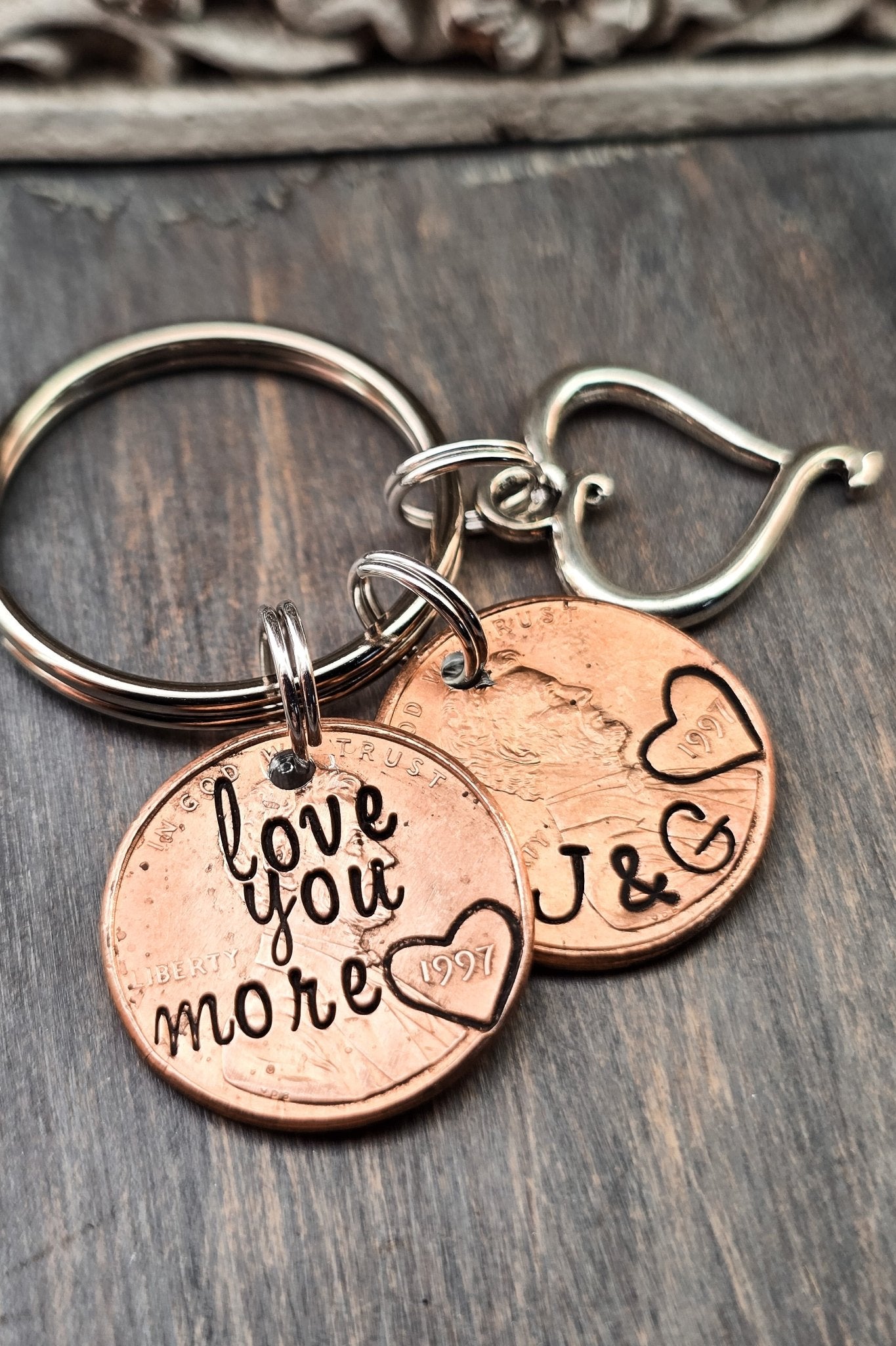 Love you more penny keychain with initials and small heart charm