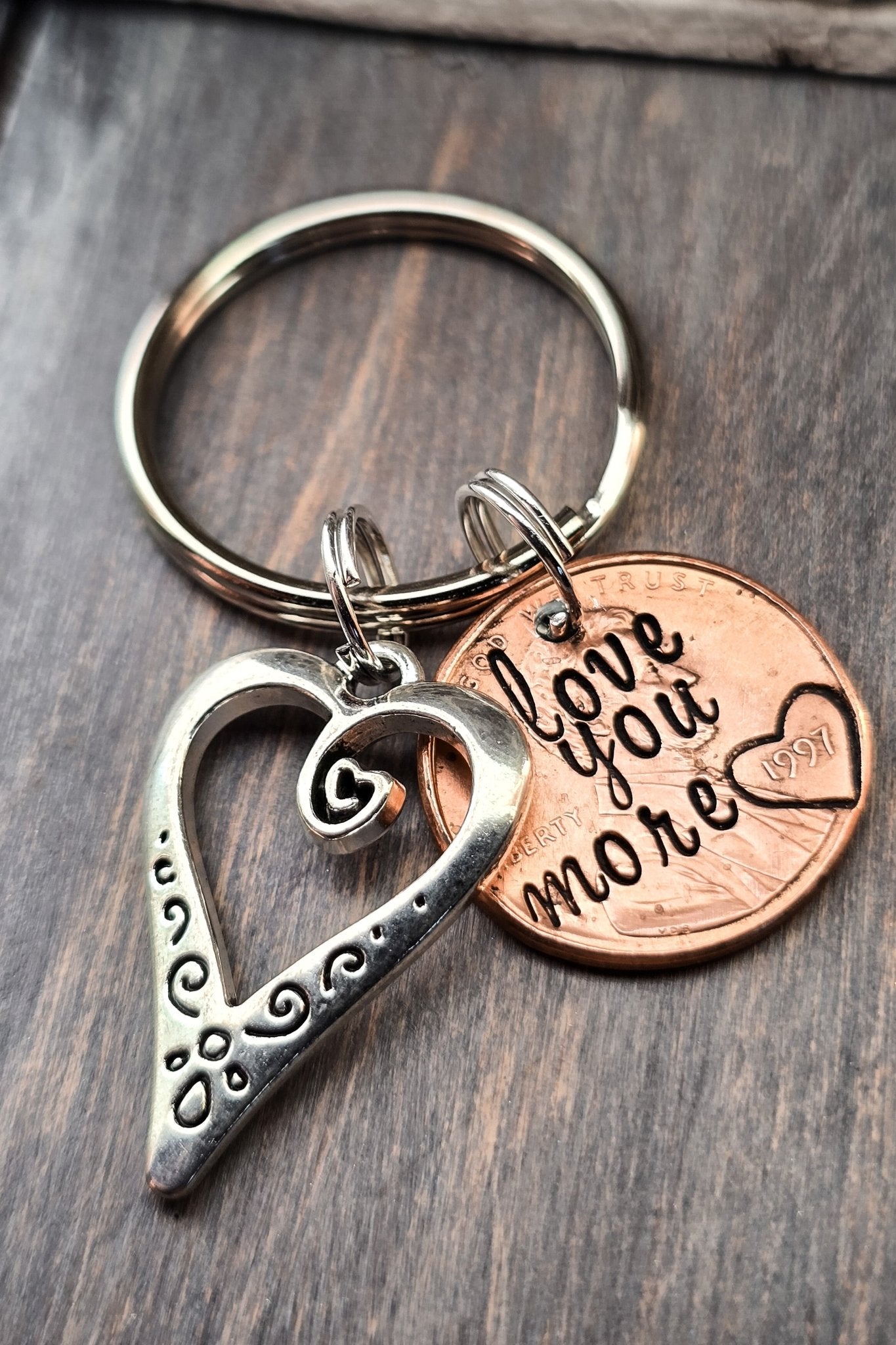 Love you more penny keychain with large heart charm