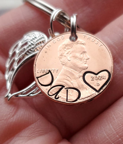 Memorial Penny from Heaven Keychain with stamped name on curve, with angel wing charm