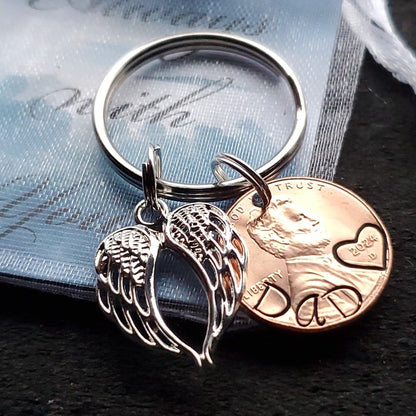 Memorial Penny from Heaven Personalized Keychain W/ Angel wing Charm - DAYZEECREATIONZ, PERSONALIZED GIFT double angel wing