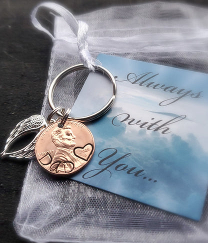 Memorial Penny from Heaven Personalized Keychain W/ Angel wing Charm - DAYZEECREATIONZ, PERSONALIZED GIFTSdouble angel wing