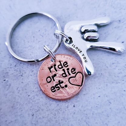 Ride or Die Penny Keychain with ASL charm - DAYZEECREATIONZ, PERSONALIZED GIFTS-3