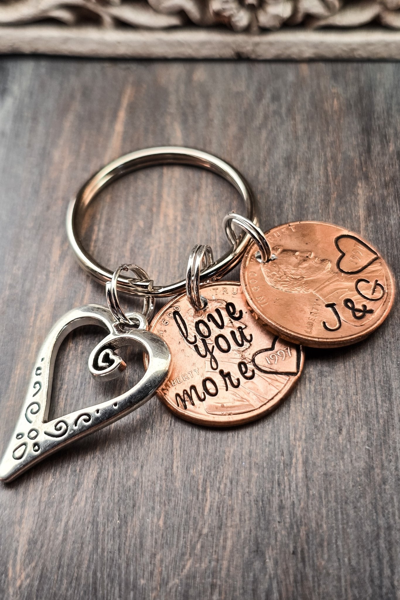 love you more penny keychain with initials