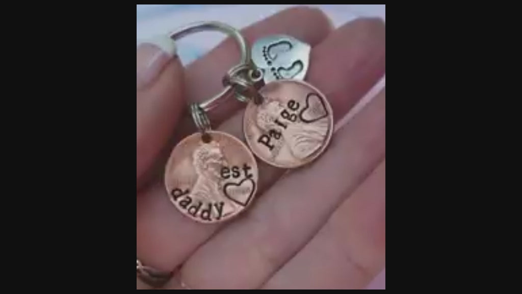 Personalized Daddy Penny Keychain with Kids' names & heart/footprint charm