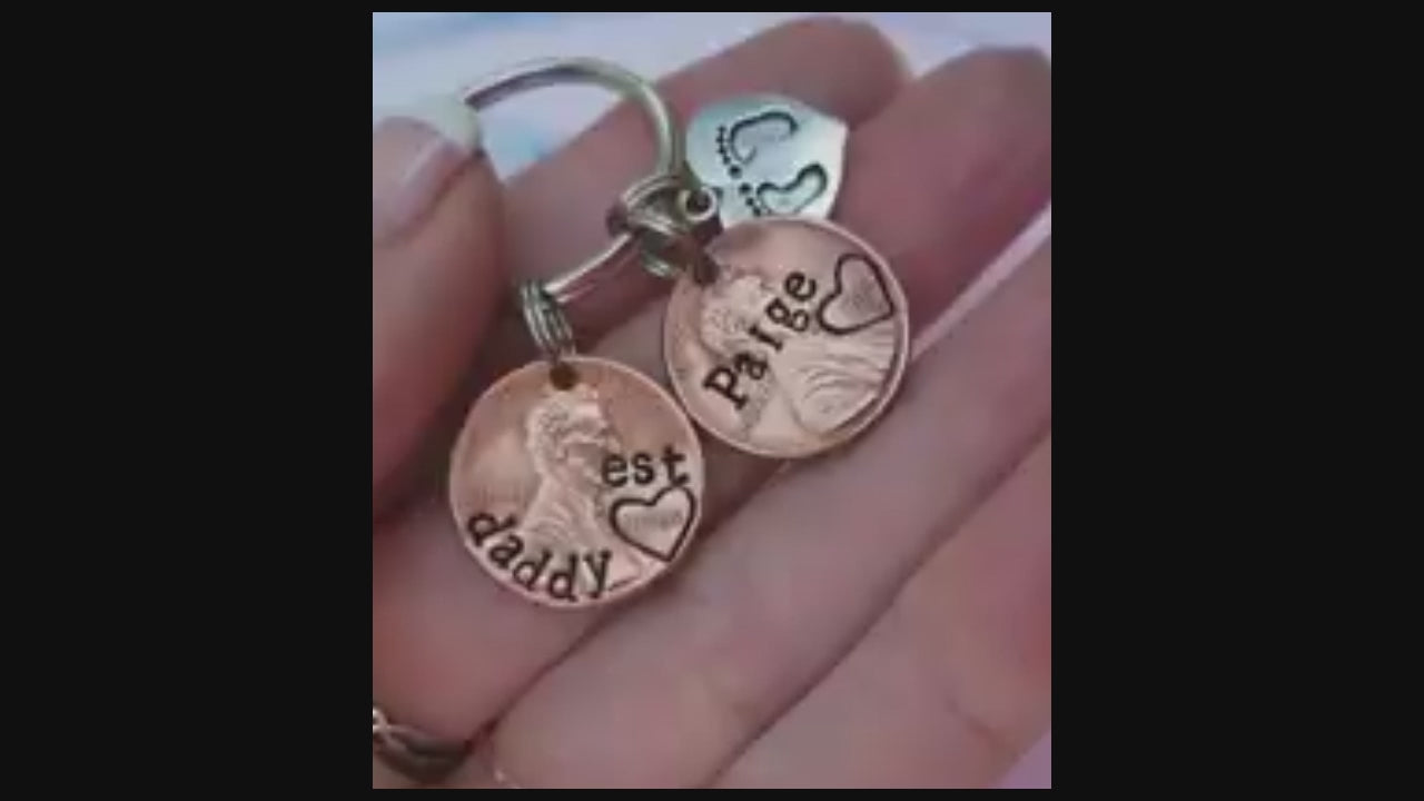 Personalized Daddy Penny Keychain with Kids' names & heart/footprint charm