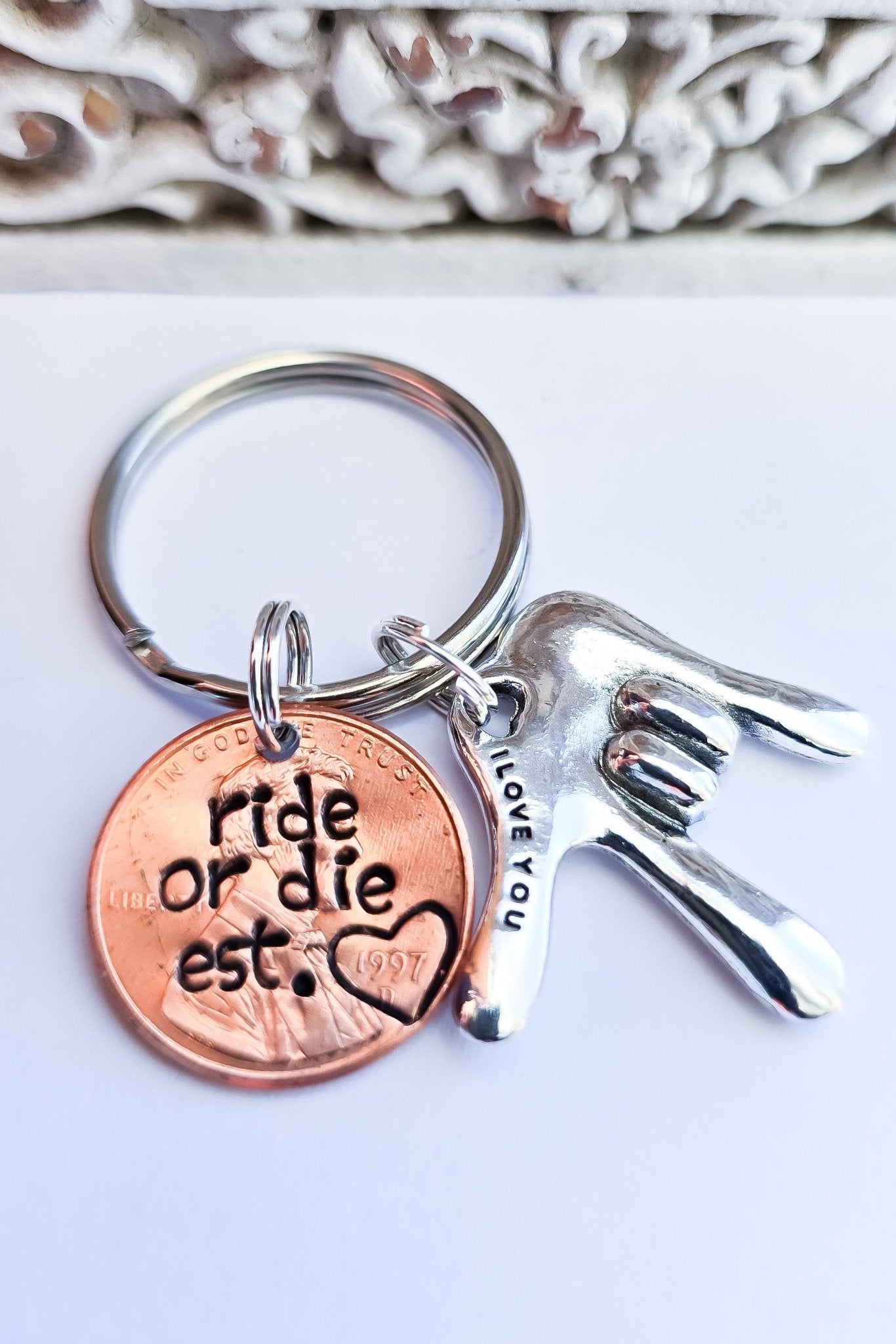 Ride or Die Penny Keychain with ASL charm - DAYZEECREATIONZ, PERSONALIZED GIFTS-4