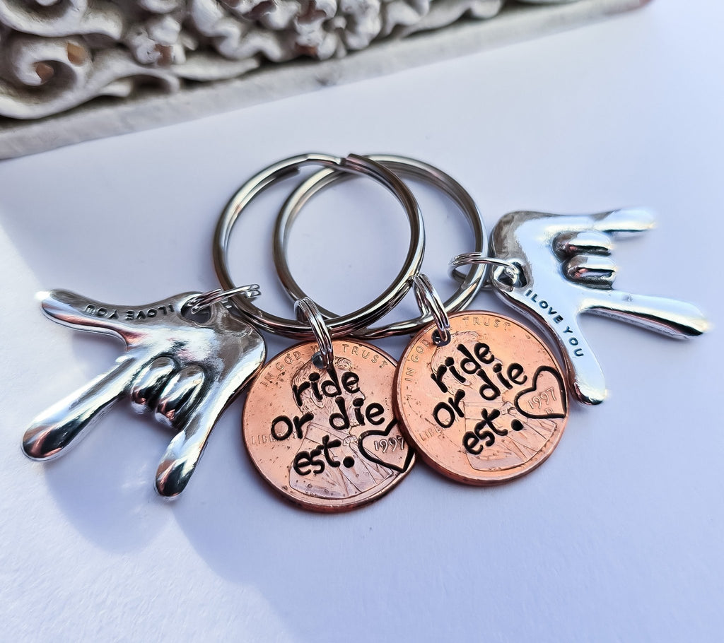 Ride or Die Penny Keychain with ASL charm - DAYZEECREATIONZ, PERSONALIZED GIFTS-2