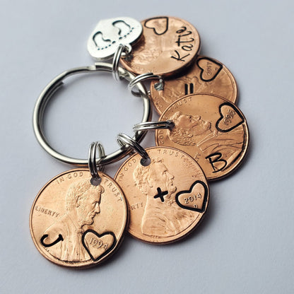 Custom Mother's Day Gift for Mom from Kids, Personalized Penny Keychain with heart shaped baby footprint charm.