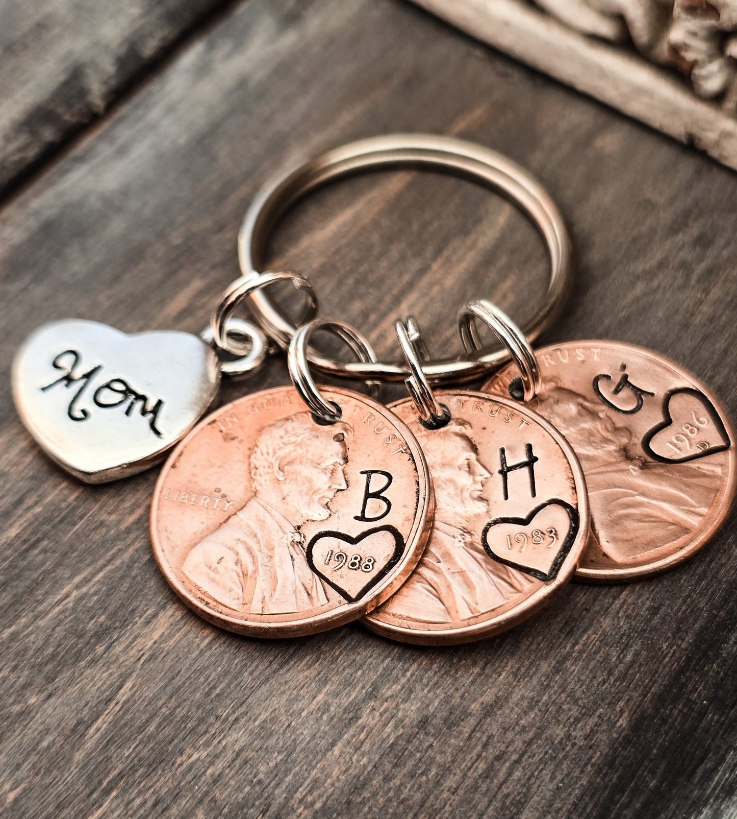 Personalized Penny Keychain for Mom with heart Charm