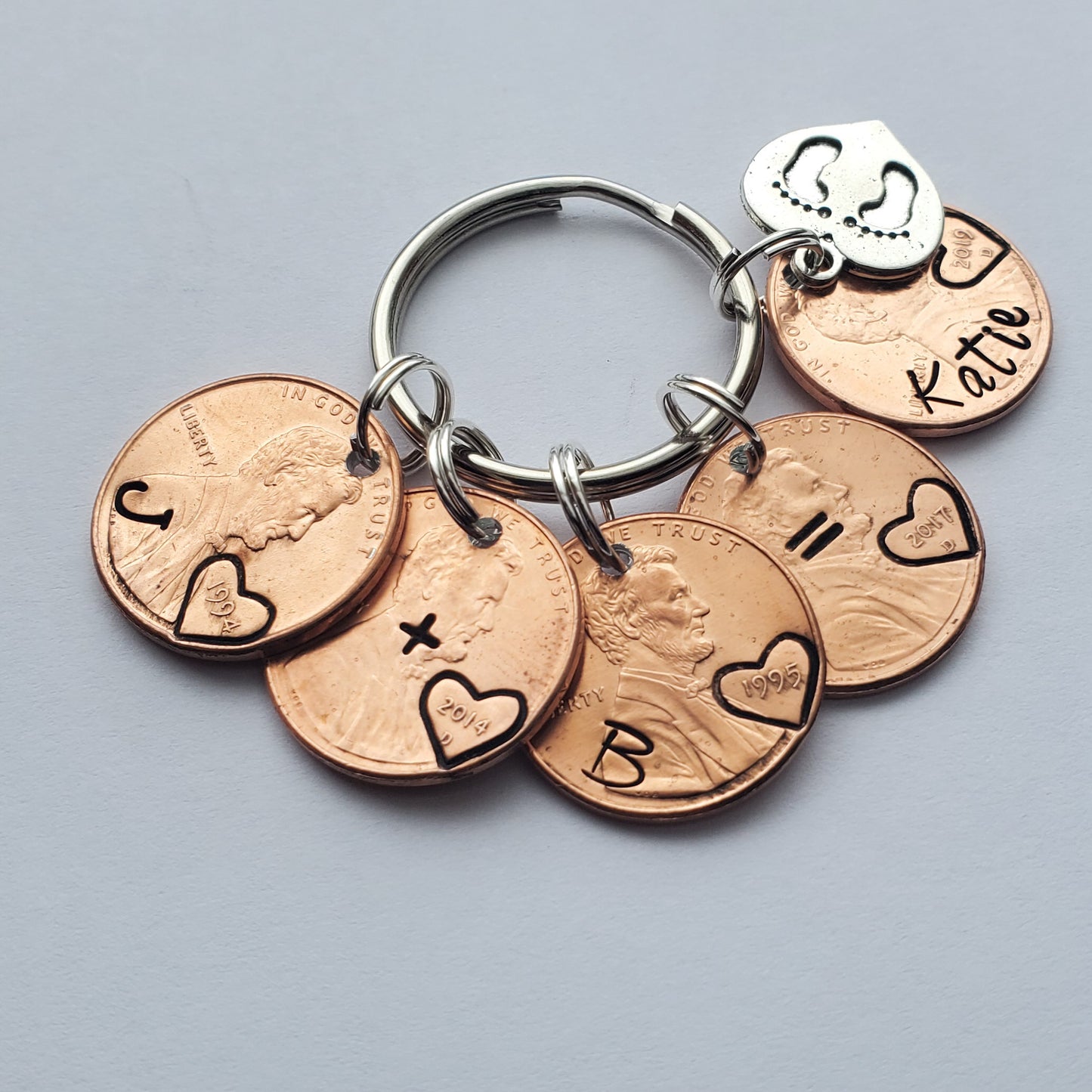 Custom Mother's Day Gift for Mom from Kids, Personalized Penny Keychain with heart shaped baby footprint charm.