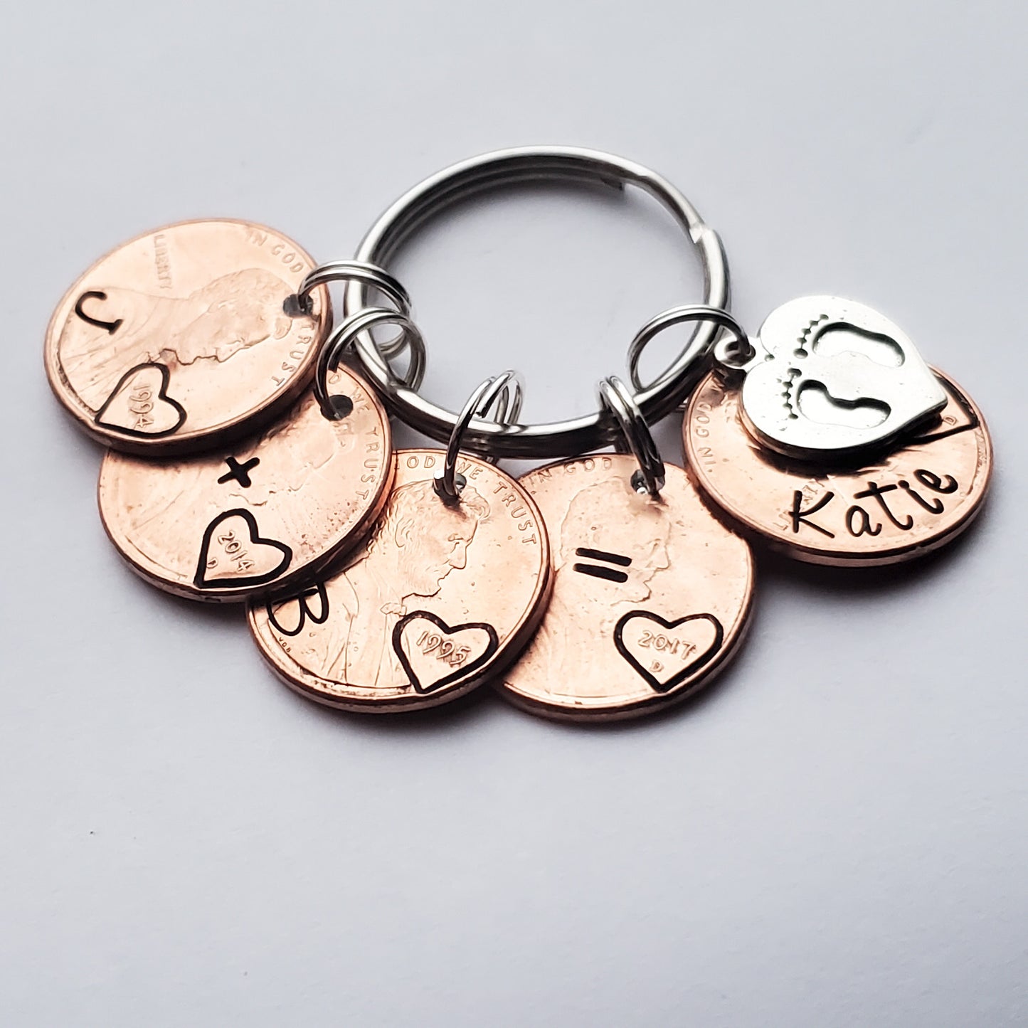 Custom Mother's Day Gift for Mom from Kids, Personalized Penny Keychain with heart shaped baby footprint charm.