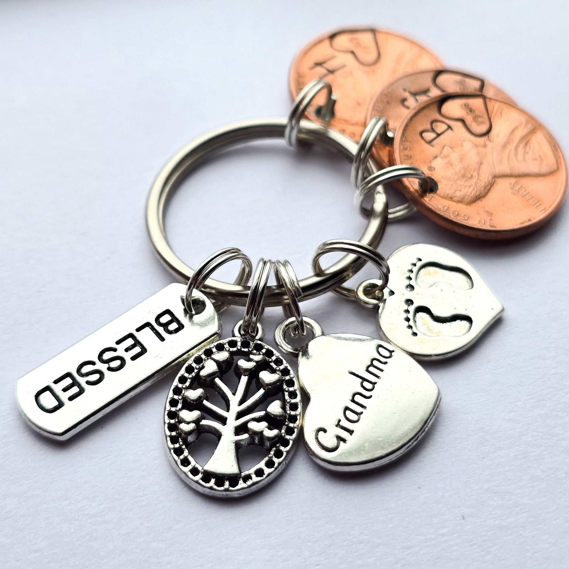 Custom Gift for Grandma, Personalized Penny Keychain with Charms shown. - DAYZEECREATIONZ, PERSONALIZED GIFTS-2