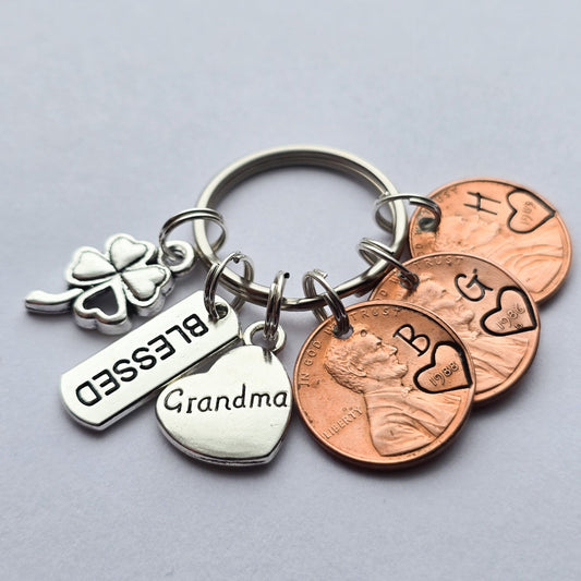 Custom Gift for Grandma, Personalized Penny Keychain with blessed, clover, and grandma charms -DAYZEECREATIONZ PERSONALIZED-1