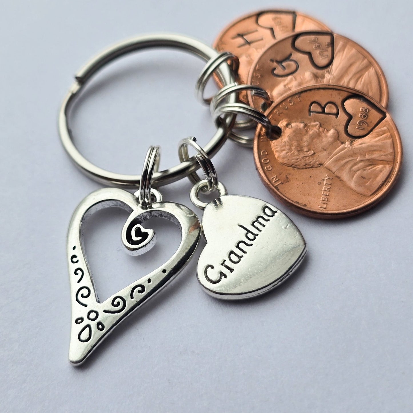 Custom Gift for Grandma, Personalized Penny Keychain with large heart and grandma charms - DAYZEECREATIONZ, PERSONALIZED-3