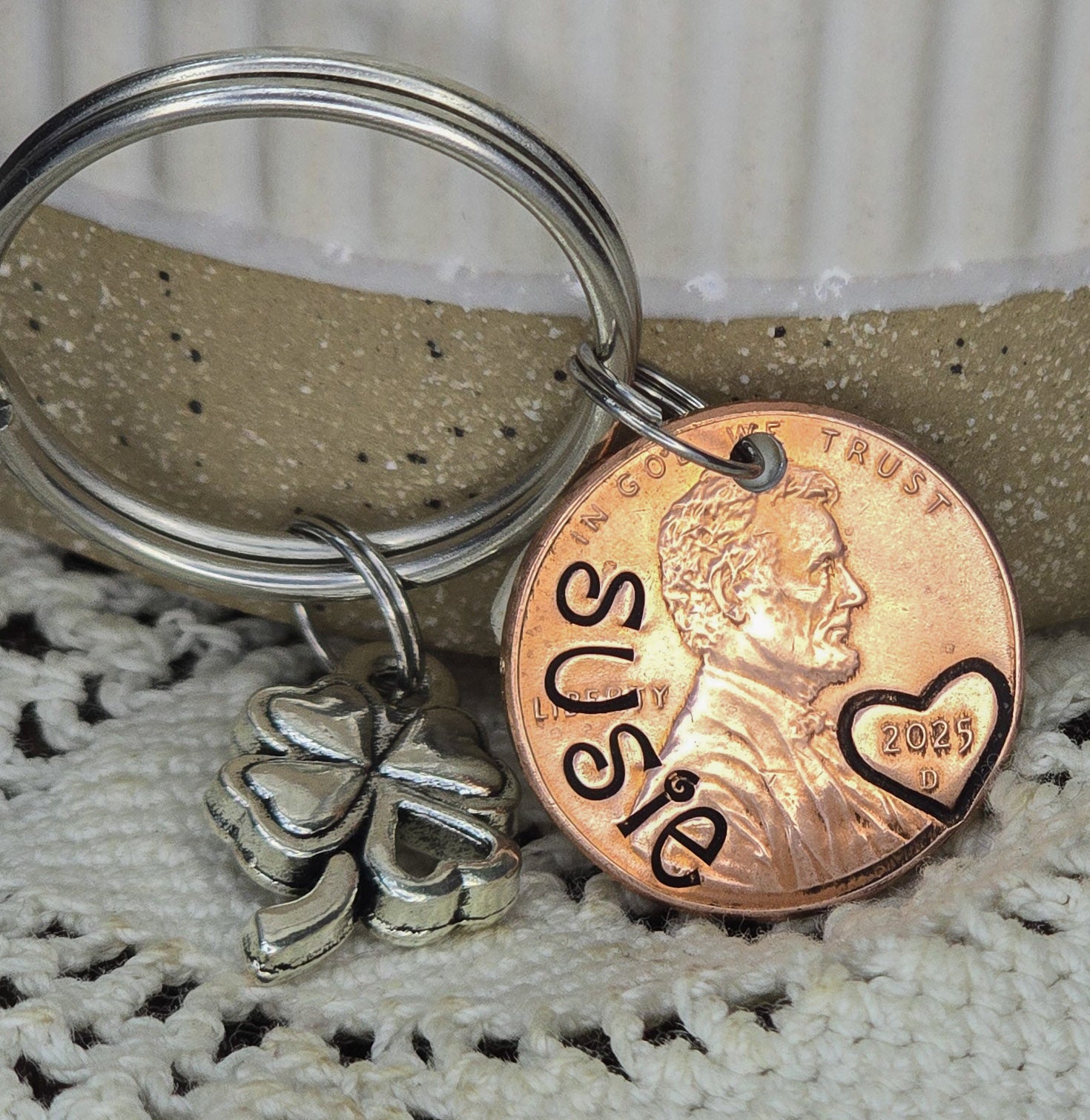 Personalized Name Penny Keychain with Lucky Clover Charm
