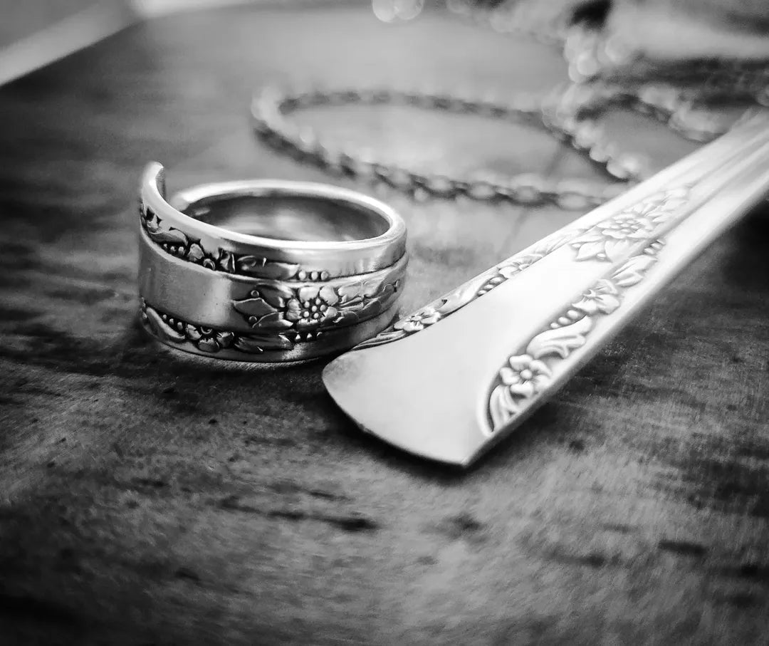 Vintage Silverware Matching Ring & Necklace Set – Size 10 | Boho Jewelry