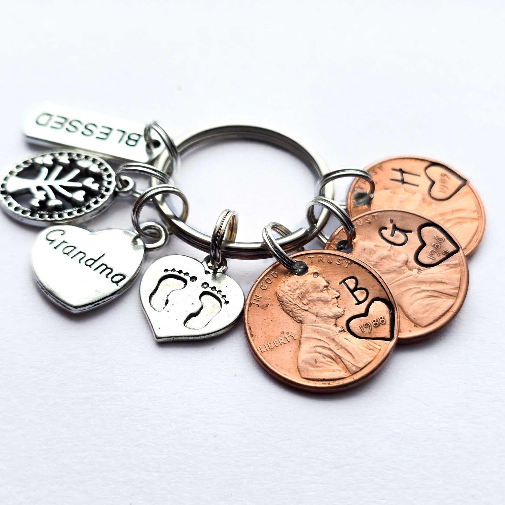 Custom Gift for Grandma, Personalized Penny Keychain with Charms shown. - DAYZEECREATIONZ, PERSONALIZED GIFTS-1