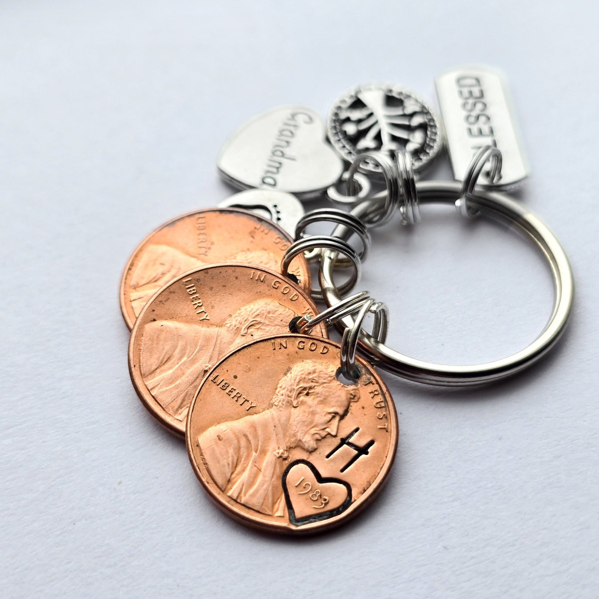 Custom Gift for Grandma, Personalized Penny Keychain with Charms shown. - DAYZEECREATIONZ, PERSONALIZED GIFTS-3