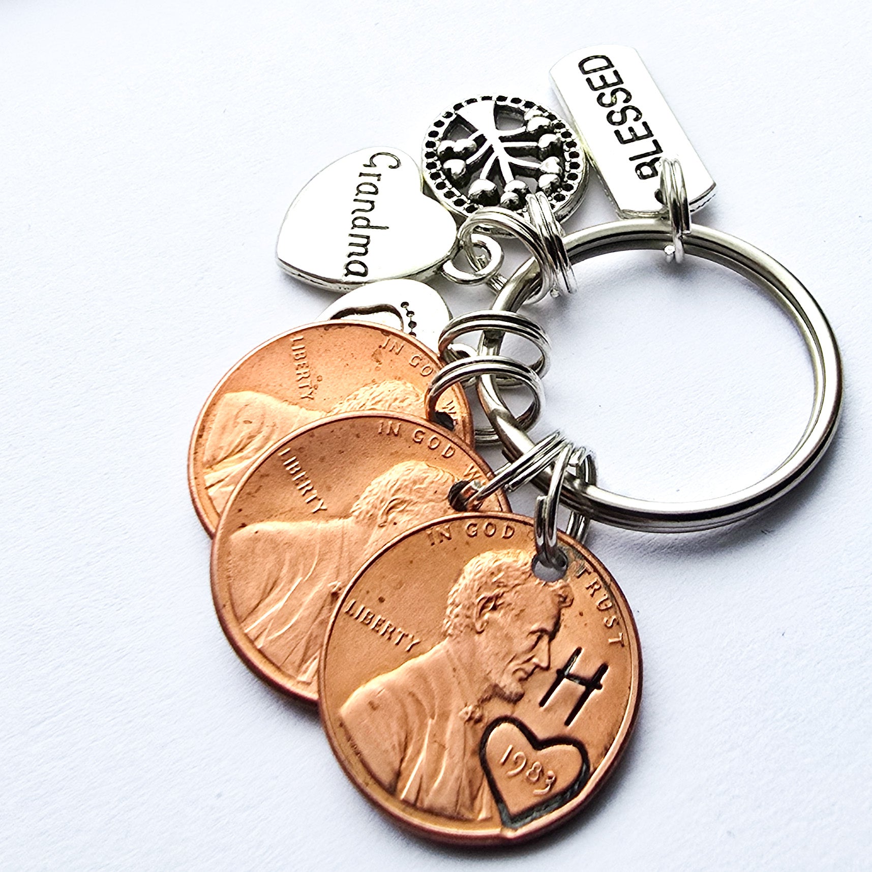 Custom Gift for Grandma, Personalized Penny Keychain with Charms shown. - DAYZEECREATIONZ, PERSONALIZED GIFTS-4