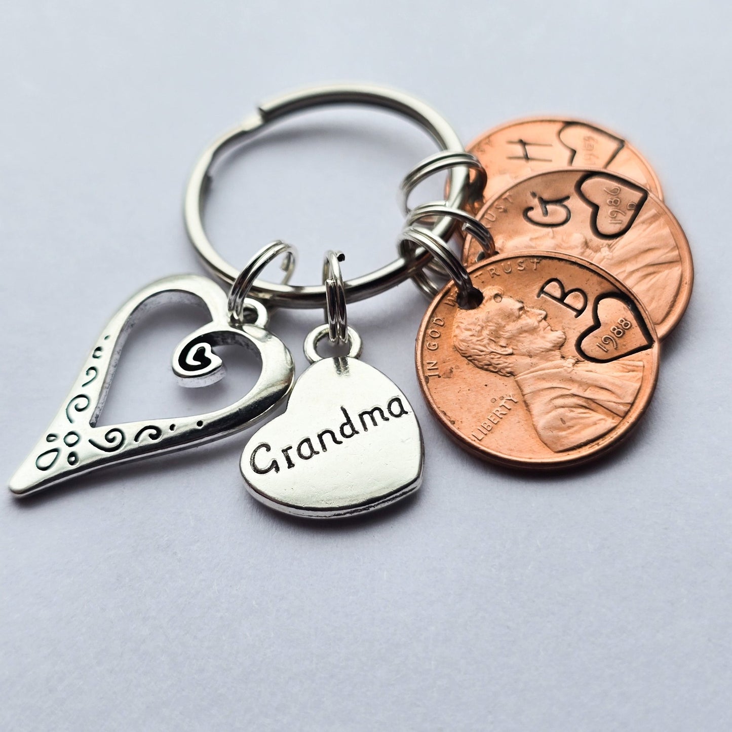 Custom Gift for Grandma, Personalized Penny Keychain with large heart and grandma charms - DAYZEECREATIONZ, PERSONALIZED -1