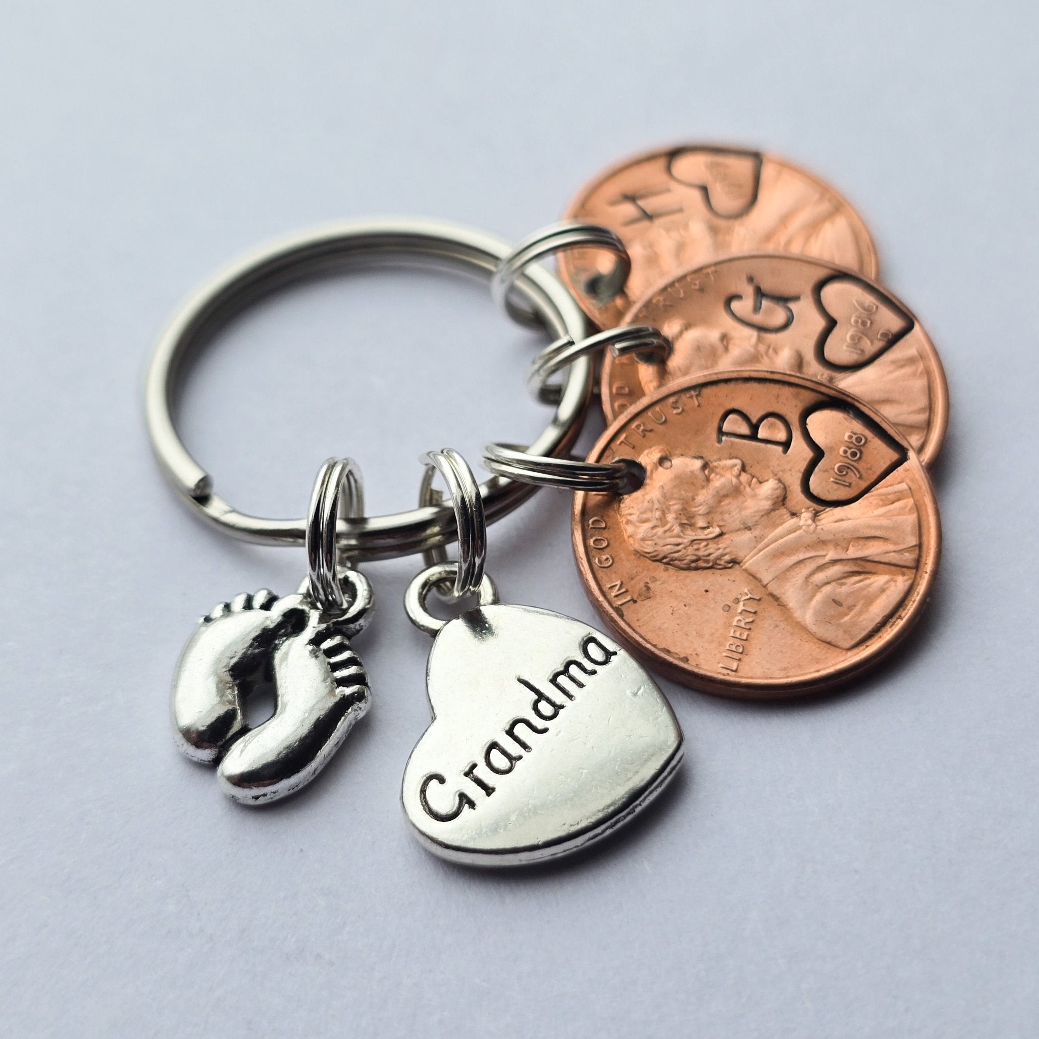 Custom Gift for Grandma, Personalized Penny Keychain with Baby feet and Heart/grandma charm - DAYZEECREATIONZ, PERSONALIZED-2