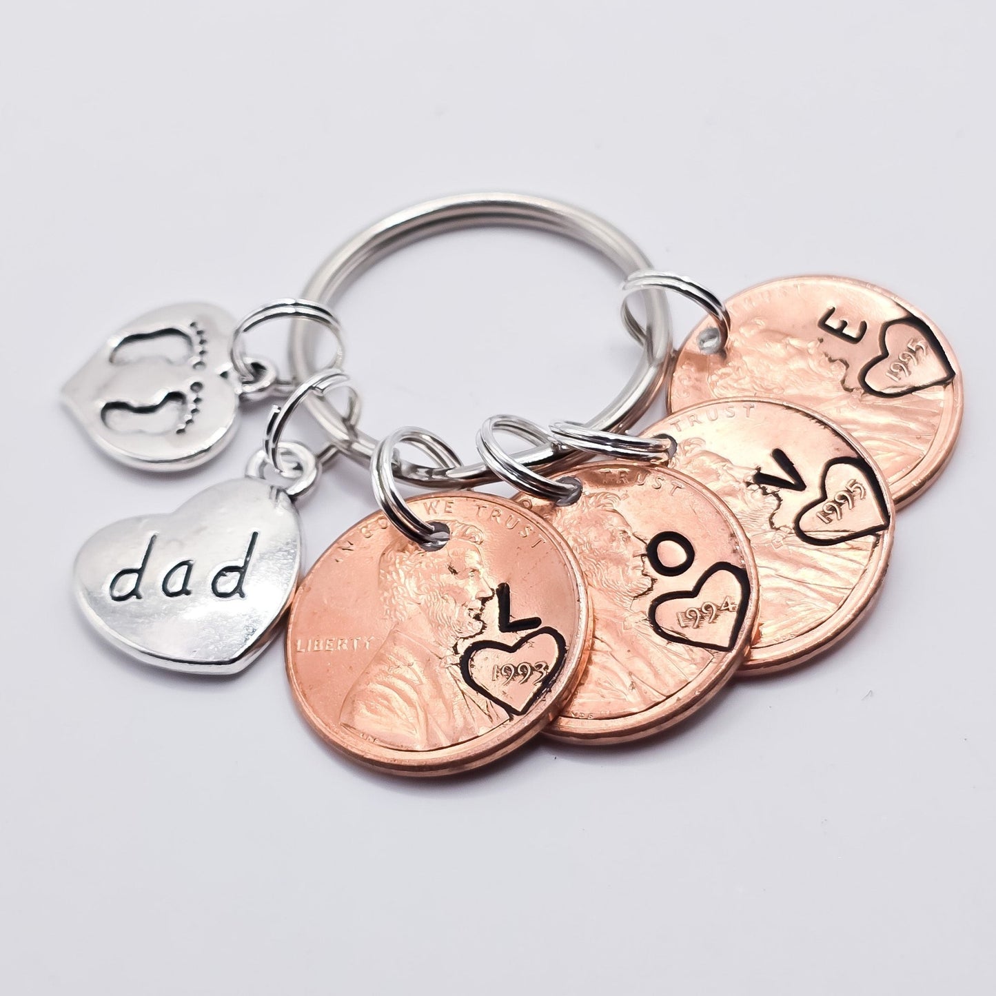 Personalized Dad Penny Keychain with "dad" heart & baby footprint charm - DAYZEECREATIONZ, PERSONALIZED GIFTS1