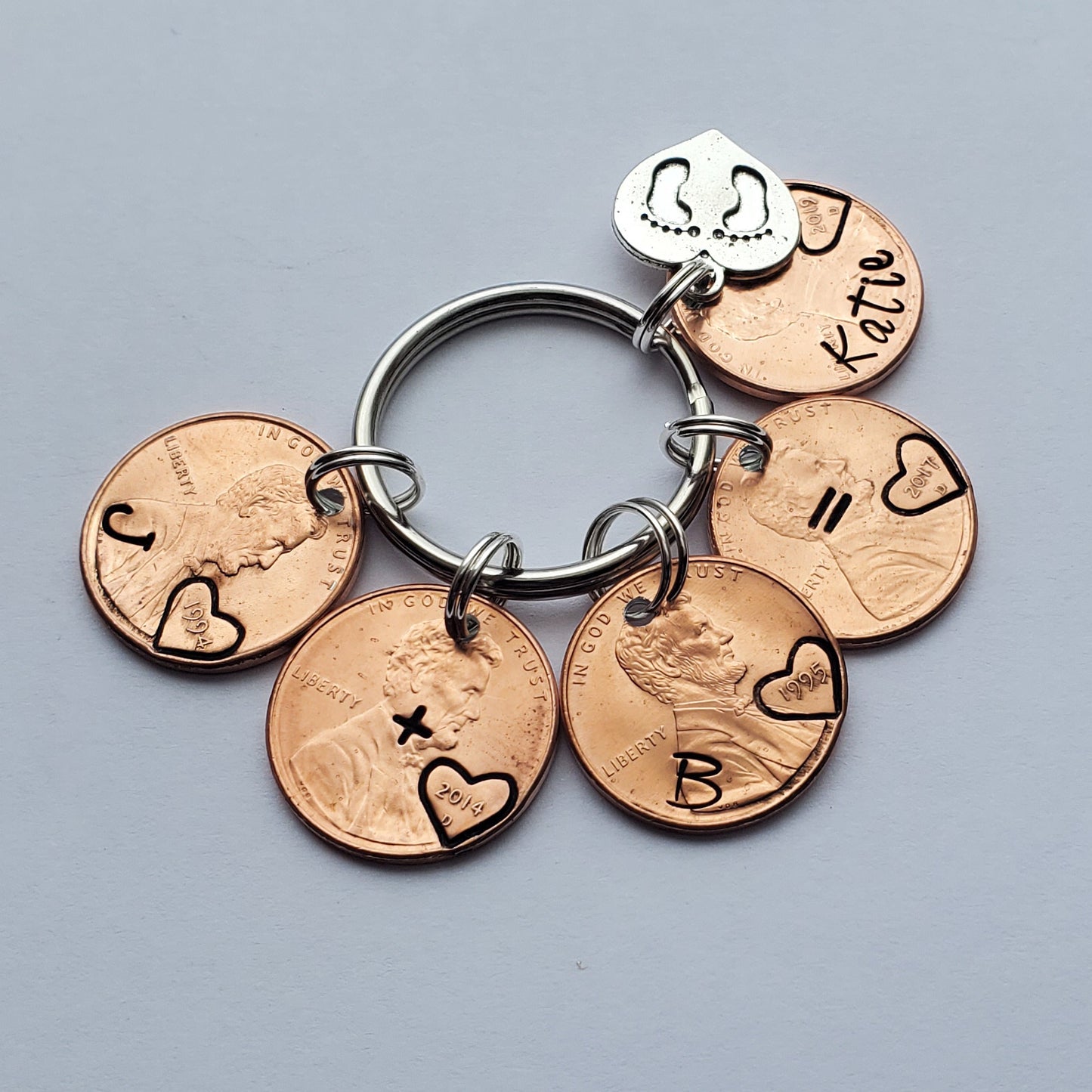 Custom Mother's Day Gift for Mom from Kids, Personalized Penny Keychain with heart shaped baby footprint charm.