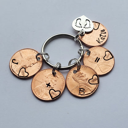 Custom Mother's Day Gift for Mom from Kids, Personalized Penny Keychain with heart shaped baby footprint charm.