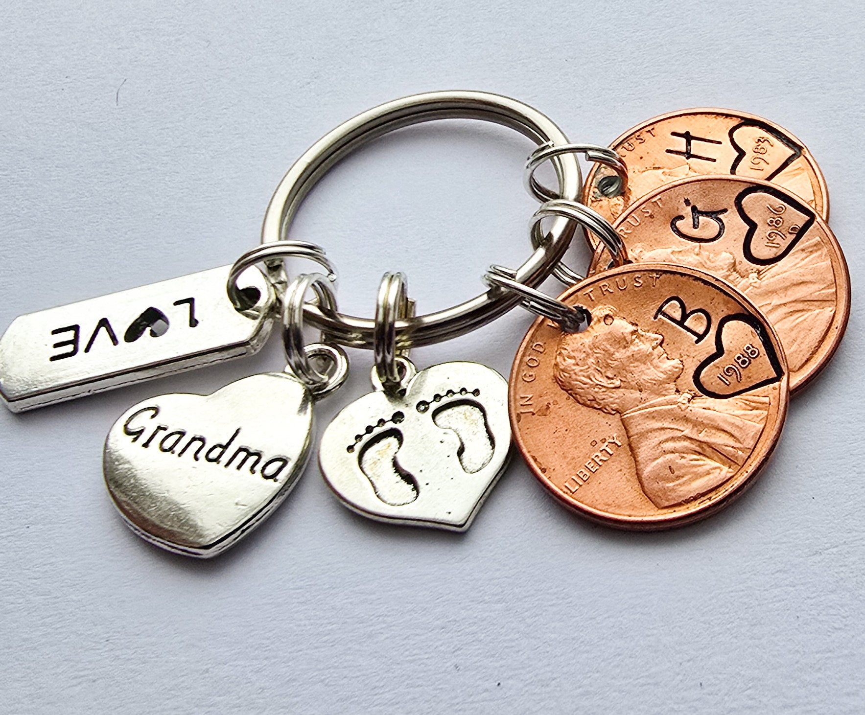 Custom Gift for Grandma, Personalized Penny Keychain with Charms shown. - DAYZEECREATIONZ, PERSONALIZED GIFTS-2