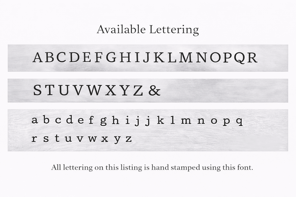 Available lettering font used for hand-stamped penny keychains - full alphabet uppercase and lowercase