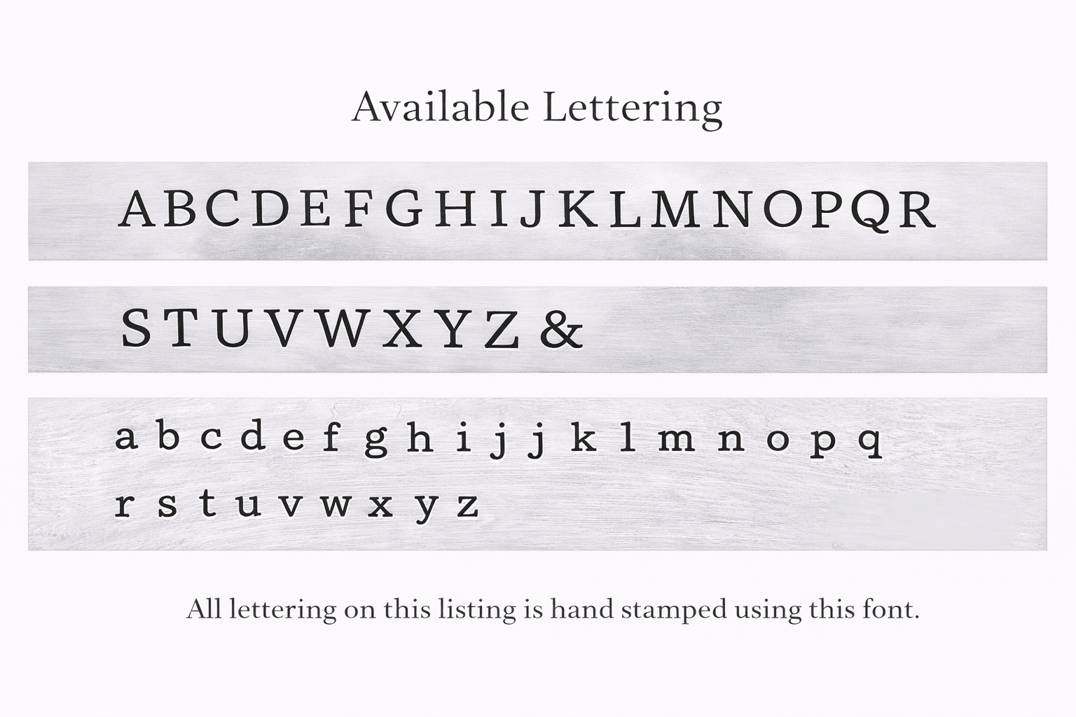 Available lettering font used for hand-stamped penny keychains - full alphabet uppercase and lowercase