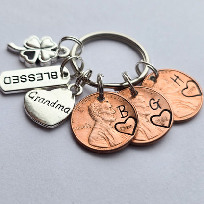 Custom Gift for Grandma, Personalized Penny Keychain with blessed, clover, and grandma charms - DAYZEECREATIONZ PERSONALIZED