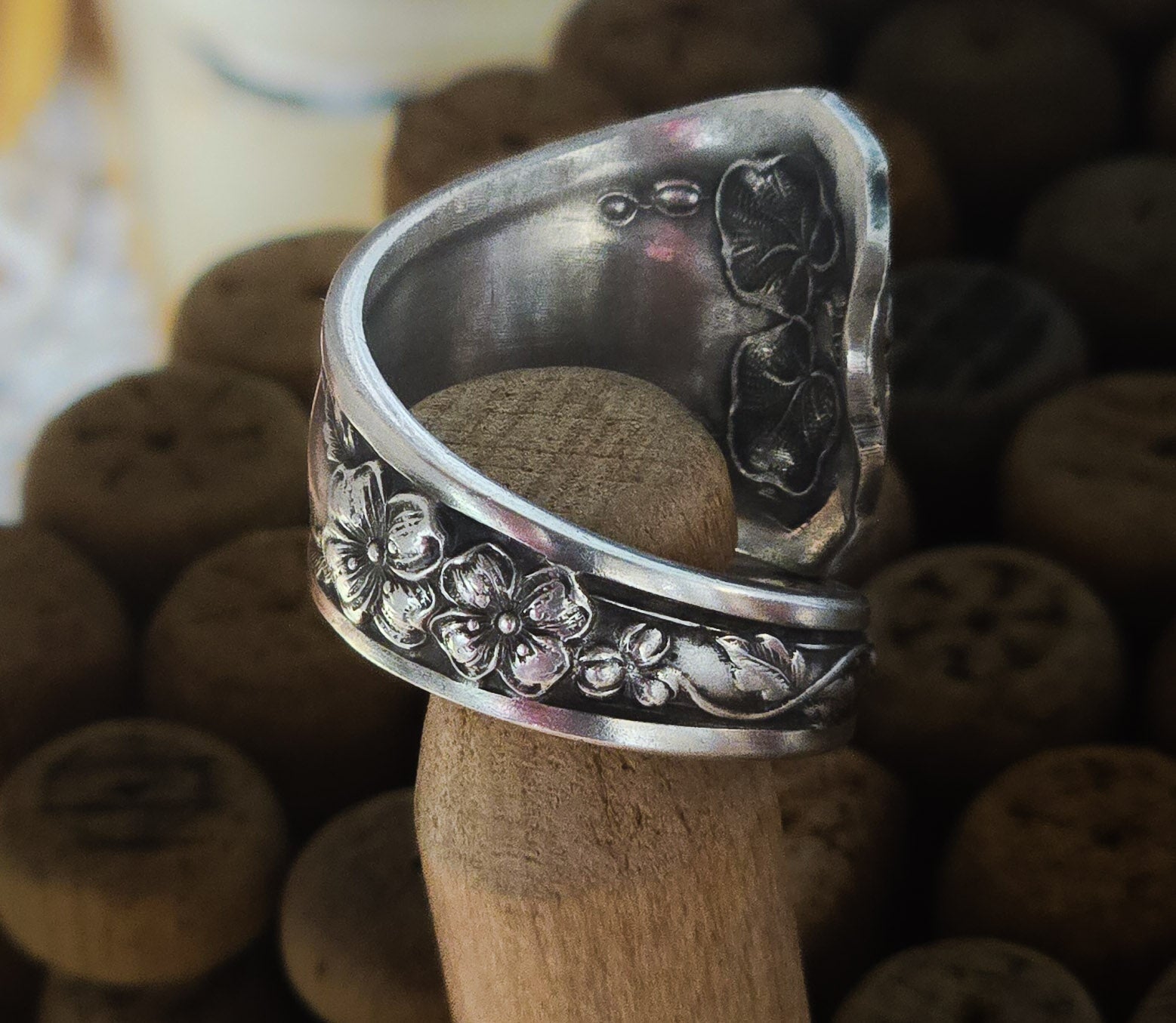Silver-Plated Spoon Ring - Handcrafted from Antique 1903 Pansy Pattern Silverware
