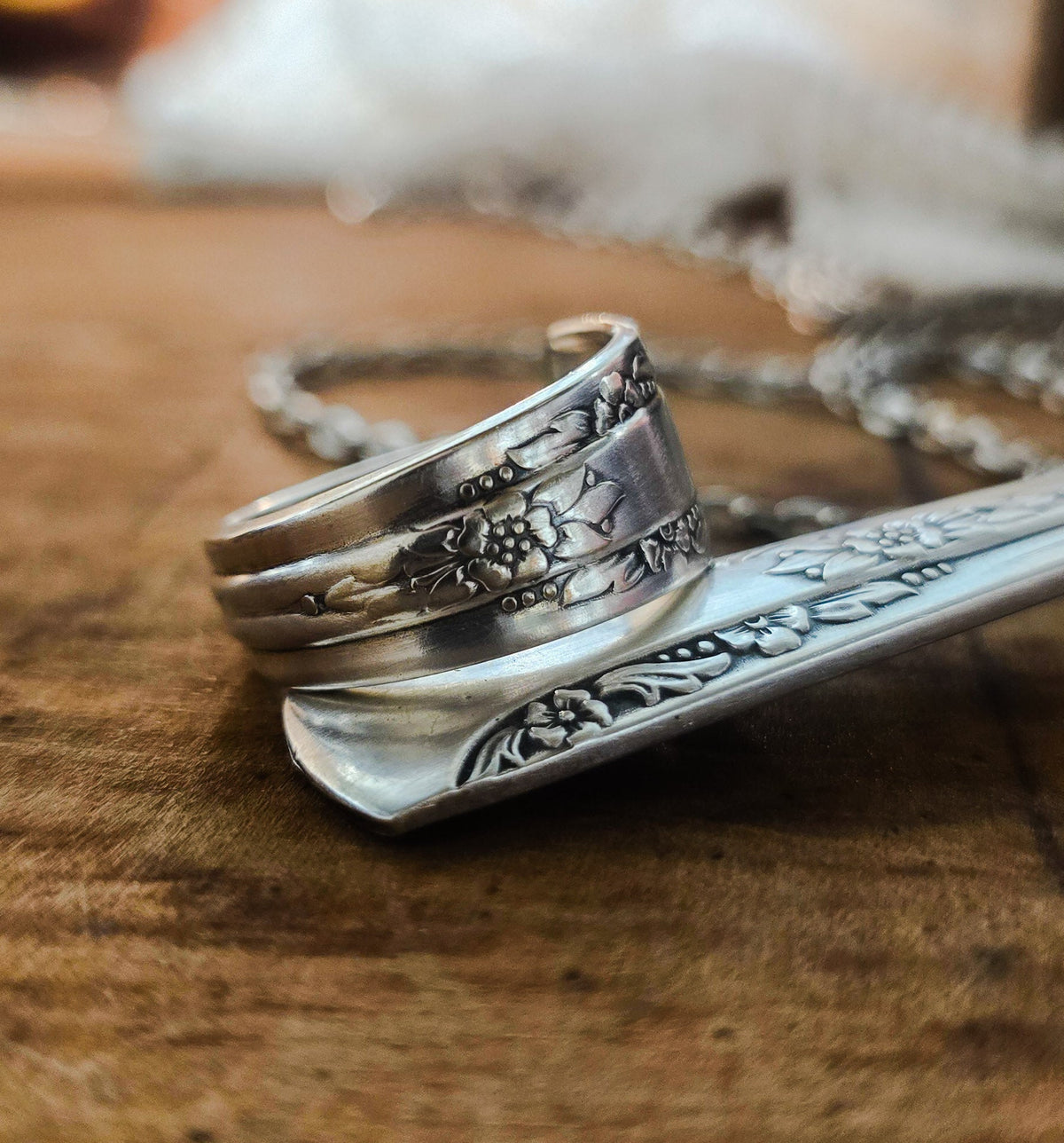 Vintage Silverware Matching Ring & Necklace Set – Size 10 | Boho Jewelry