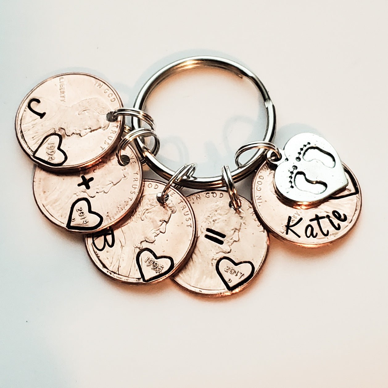 Custom Mother's Day Gift for Mom from Kids, Personalized Penny Keychain with heart shaped baby footprint charm.