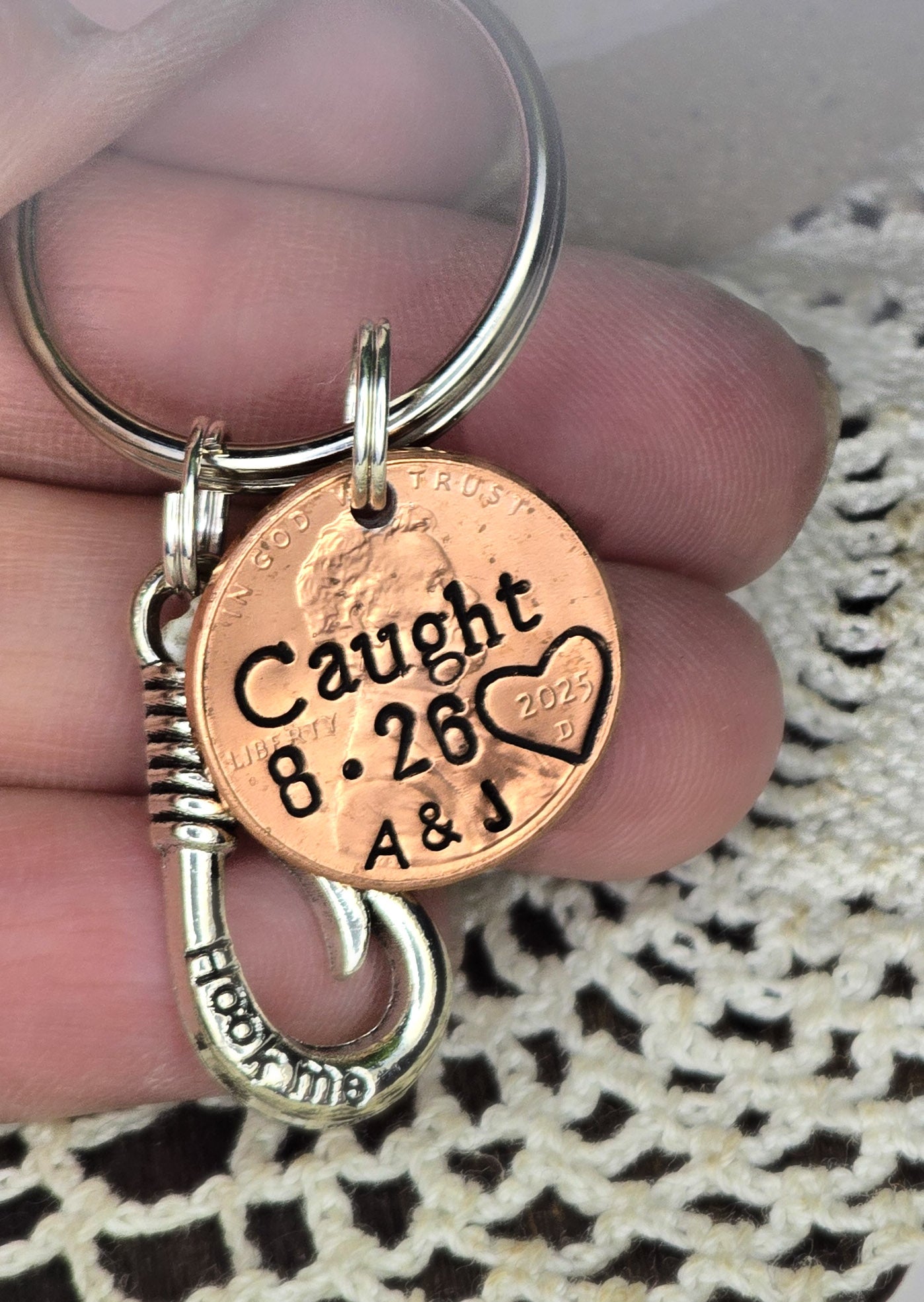 Caught Fishing Hook Anniversary Penny Keychain