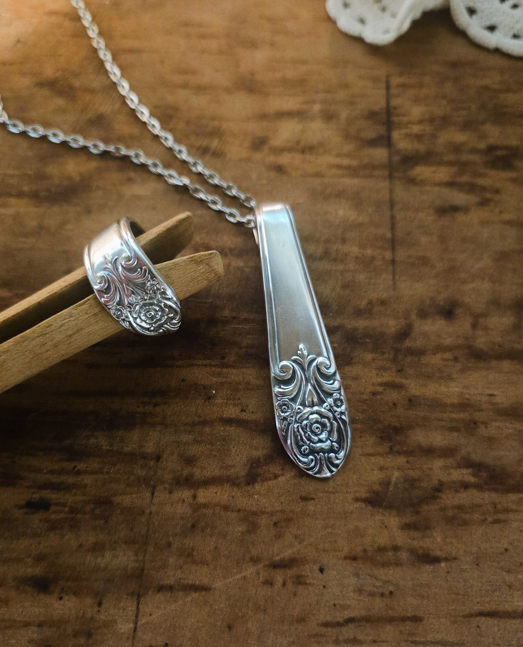 FLORAL Vintage Silverware Jewelry Set – Size 9 Spoon Ring & Necklace