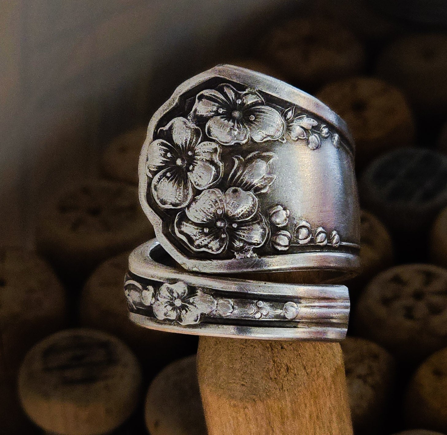 Silver-Plated Spoon Ring - Handcrafted from Antique 1903 Pansy Pattern Silverware
