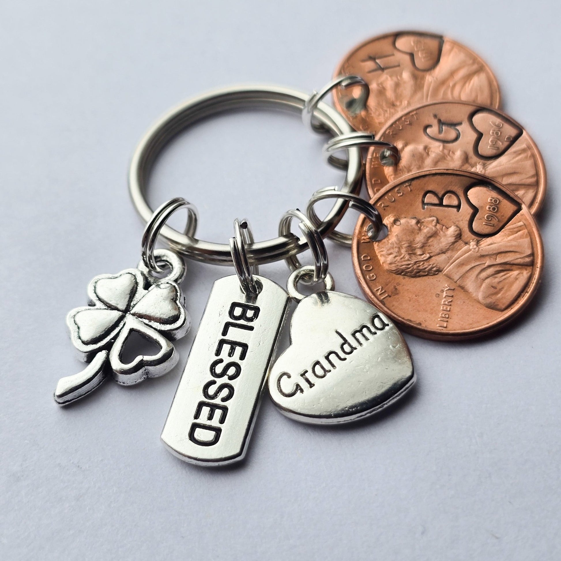 Custom Gift for Grandma, Personalized Penny Keychain with blessed, clover, grandma charms- DAYZEECREATIONZ, PERSONALIZED 3