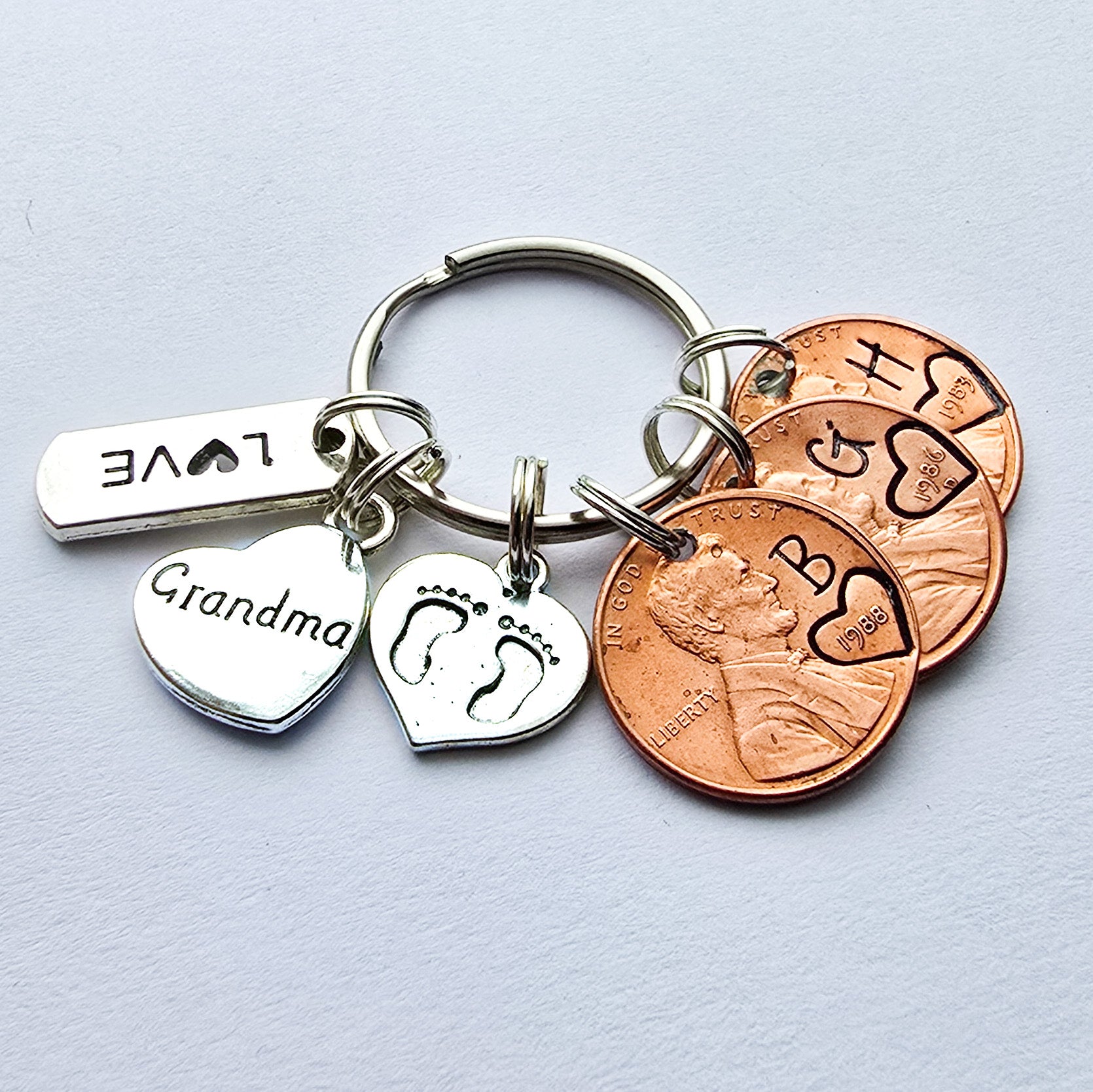 Custom Gift for Grandma, Personalized Penny Keychain with Charms shown. - DAYZEECREATIONZ, PERSONALIZED GIFTS-1