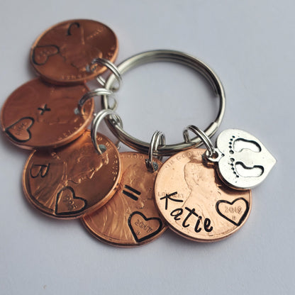 Custom Mother's Day Gift for Mom from Kids, Personalized Penny Keychain with heart shaped baby footprint charm.