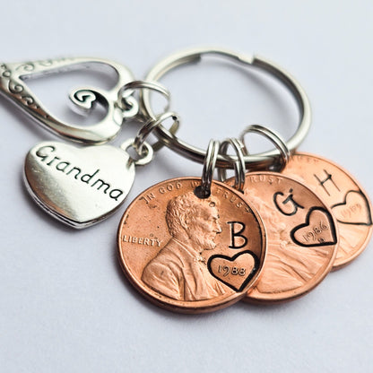 Custom Gift for Grandma, Personalized Penny Keychain with large heart and grandma charms - DAYZEECREATIONZ, PERSONALIZED -2