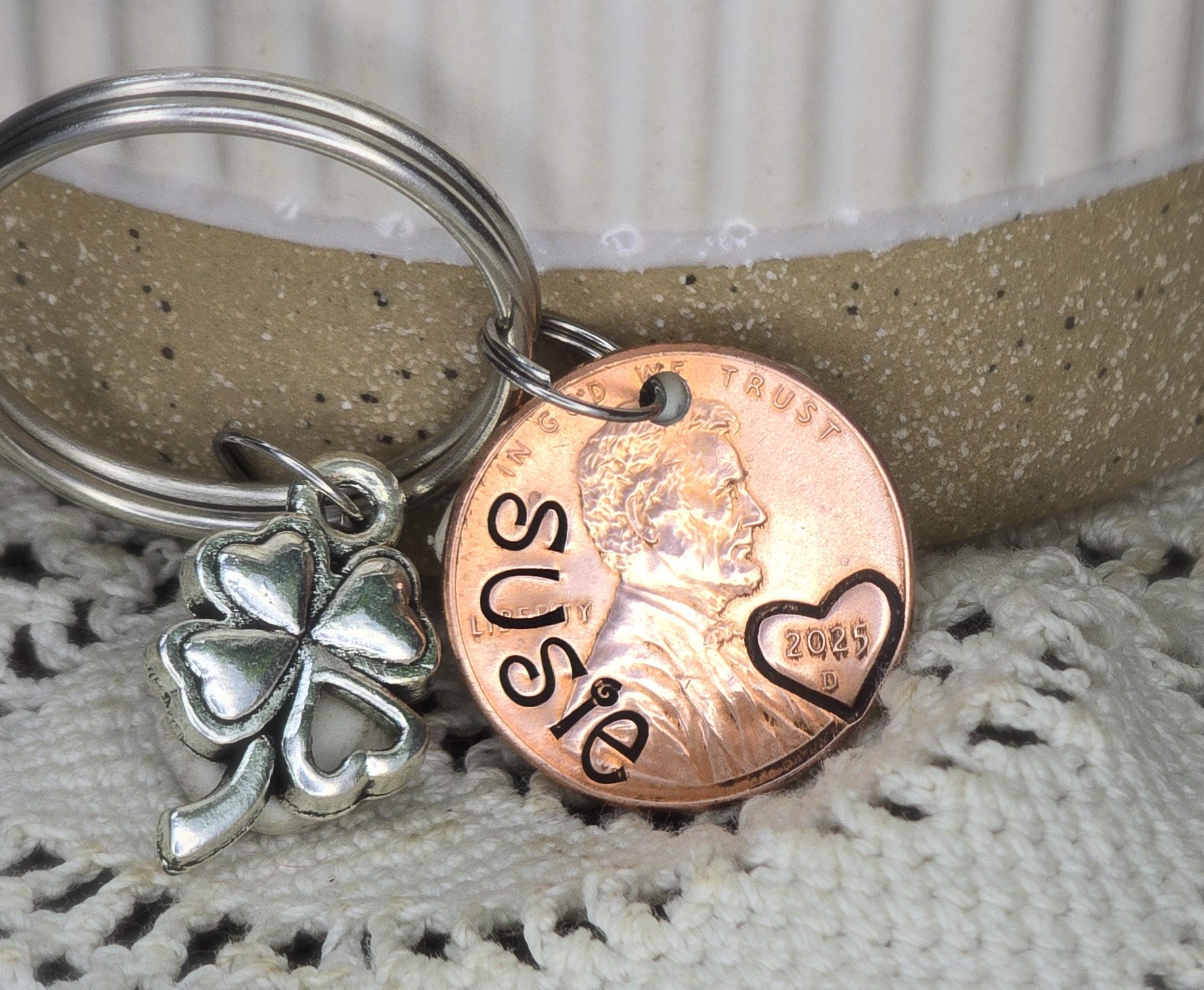 Personalized Name Penny Keychain with Lucky Clover Charm